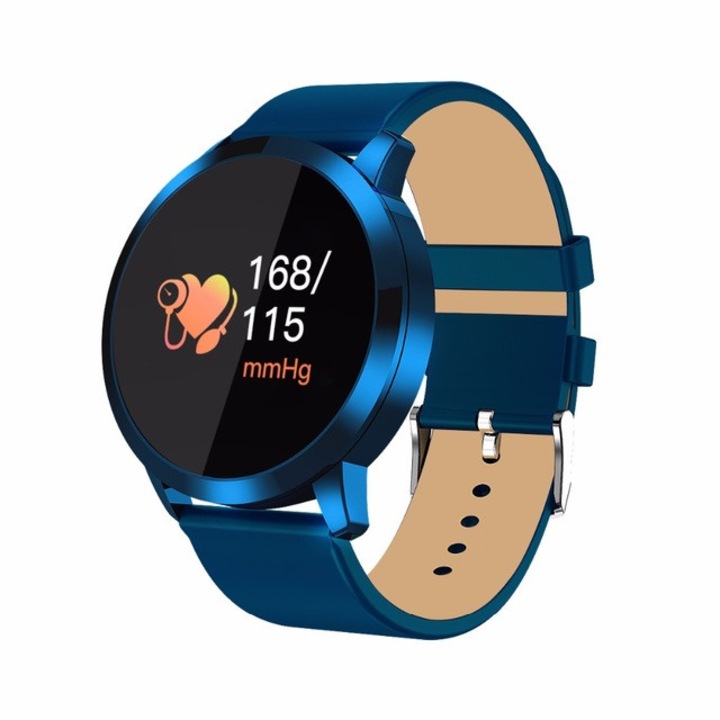 Smartwatch si Bratara Fitness Smart SportQuest 8, Monitorizare Puls, Pasi, Calorii, Notificare Mesaje, IP67 Waterproof, Curea de Piele Albastra, Culoare Albastru