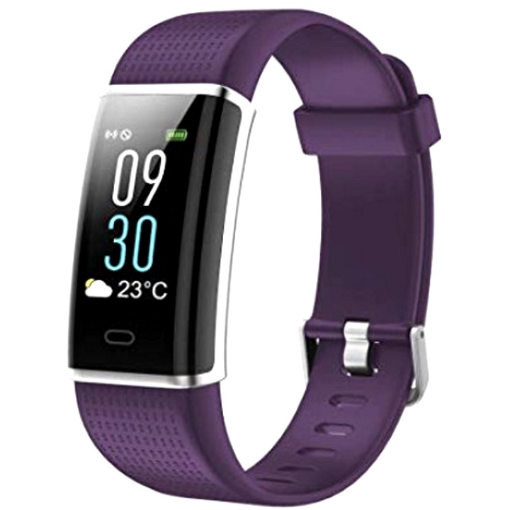 Смарт часовник и фитнес гривна Smart Comfort F13, мониторинг на пулса, стъпки, калории, известяване за съобщения, водоустойчив IP67, лилав цвят