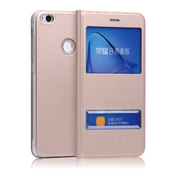 Gigapack mobiltelefon tok álló, bőr hatású, flip, oldalra nyíló, ablakos, arany, kompatibilis: Huawei P8 Lite / P9 Lite, 2017