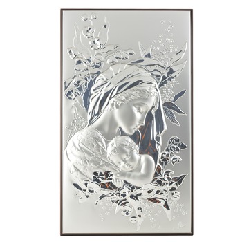 Icoana placata cu argint - Fecioara cu pruncul - Varianta florala, 27x16 cm, 4/6 Icoana placata cu argint - Fecioara cu pruncul - Varianta florala, 27x16 cm, 4/6