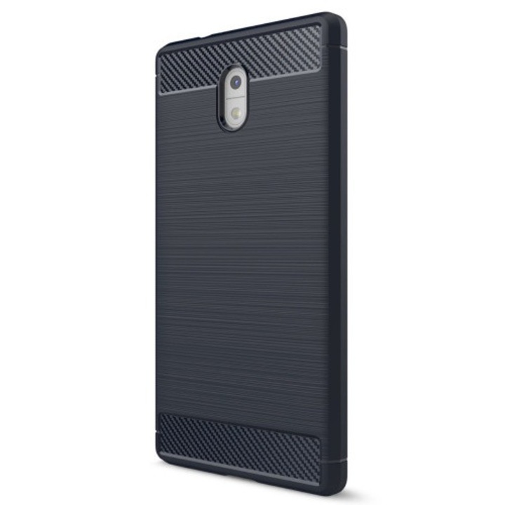 Hátlapvédő telefontok gumi / szilikon (közepesen ütésálló, szálcsiszolt, karbonminta) Sötétkék [Nokia 3]