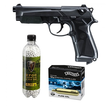 Set pistol airsoft 1.8 jouli + 10 capsule CO2 + flacon 2700 buc bile 0.20 g, Umarex Beretta 90Two, 6 mm Set pistol airsoft 1.8 jouli + 10 capsule CO2 + flacon 2700 buc bile 0.20 g, Umarex Beretta 90Two, 6 mm