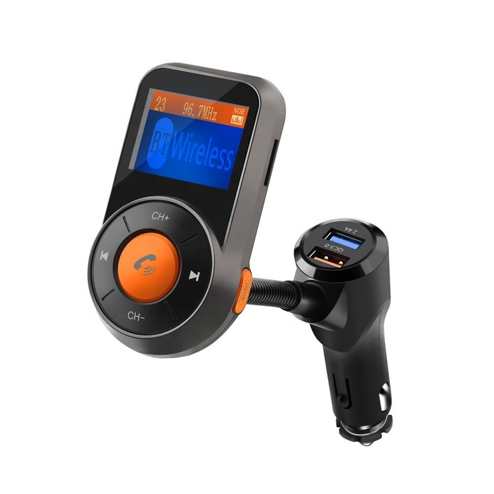 Modulator FM, Quick Charge 3.0, Bluetooth, Wireless hands-free, ecran LCD 1.4, MP3 player, Aux In, FM kit, USB 2.4A, buton autoscan, TF Card pentru Apple iPhone iPod iPad Samsung Huawei Android Smartphone, Brand Pyramid®