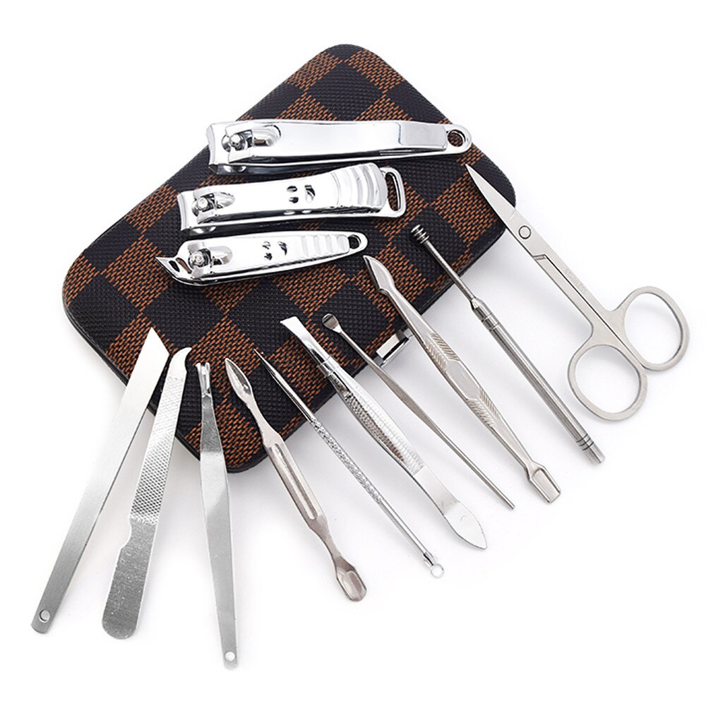 Trusa manichiura, 13 piese, inox, etui in patratele maro/negru