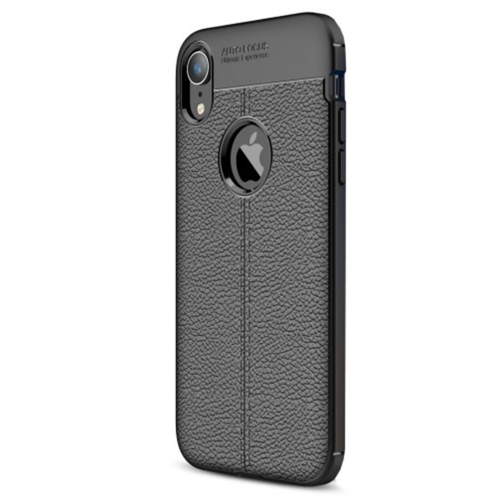 Hátlapvédő telefontok gumi / szilikon (közepesen ütésálló, bőrhatás, varrás minta) Fekete [Apple iPhone XR 6.1]