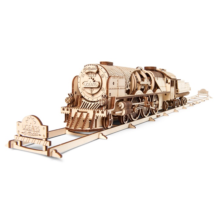3D пъзел Ugears Влак с тендер - V-Express, Механичен, 538 части, подарък за мъж