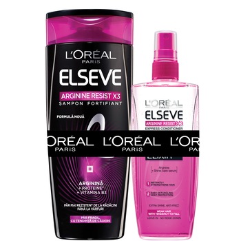Set ingrijire par L'Oreal Paris Elseve Arginine Resist x3 pentru par fragil: Sampon, 400 ml + Balsam expres, 200 ml Set ingrijire par L'Oreal Paris Elseve Arginine Resist x3 pentru par fragil: Sampon, 400 ml + Balsam expres, 200 ml