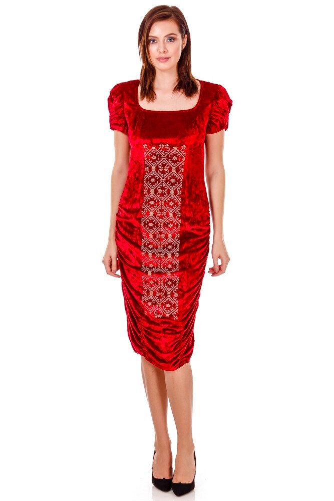 Rochie catifea rosie cu broderie Liza Panait P-16E