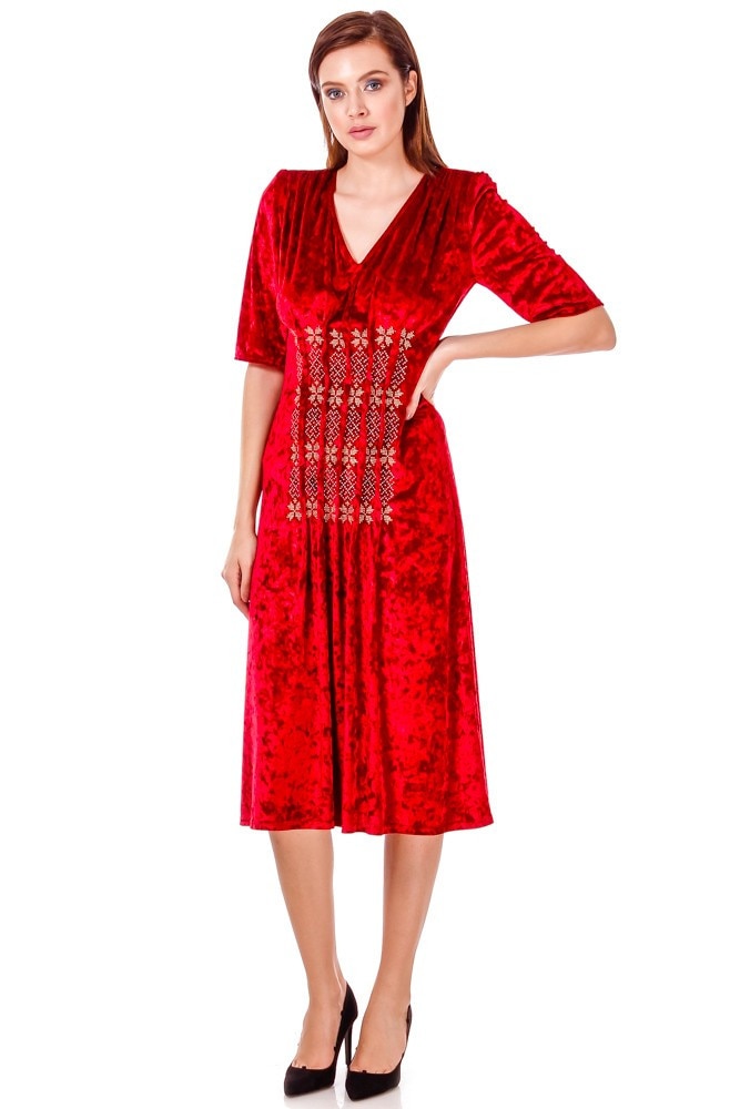 Rochie catifea rosie cu broderie Liza Panait P-17E