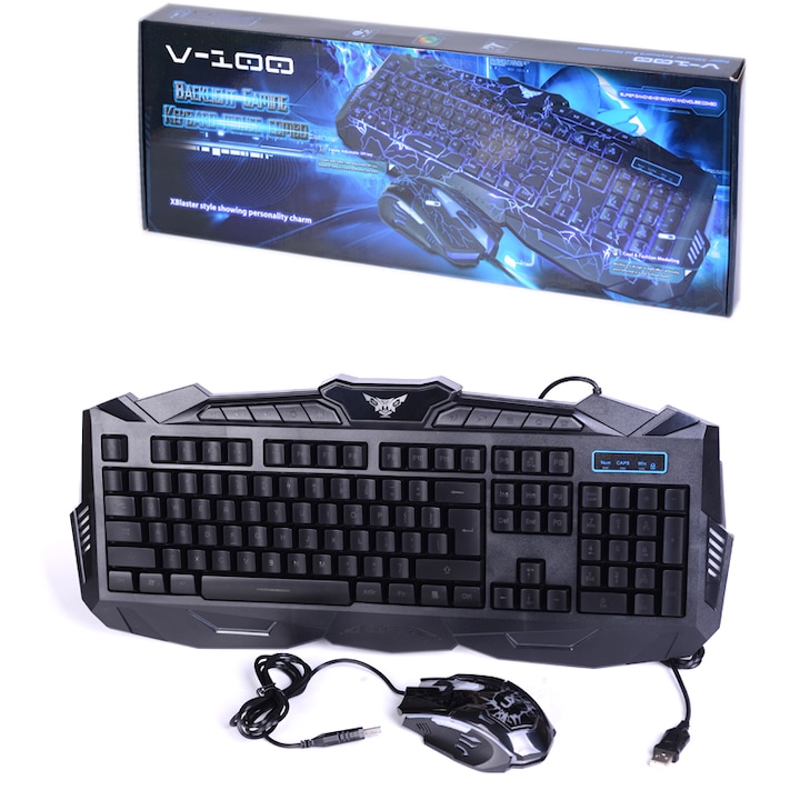 Комплект Gaming Клавиатура + Мишка Gaming Royal V-100, Жични, RGB подсветка, Мултимедийни бутони, Черен