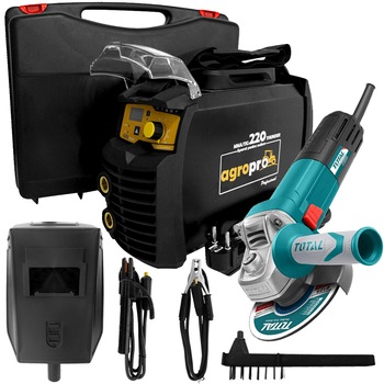 Aparat sudura multifunctional AgroPro MMA 220 Thunder, inverter, 220A, MMA, TIG, VRD, tehnologie IGBT, polizor unghiular Total, cutie transport Aparat sudura multifunctional AgroPro MMA 220 Thunder, inverter, 220A, MMA, TIG, VRD, tehnologie IGBT, polizor unghiular Total, cutie transport