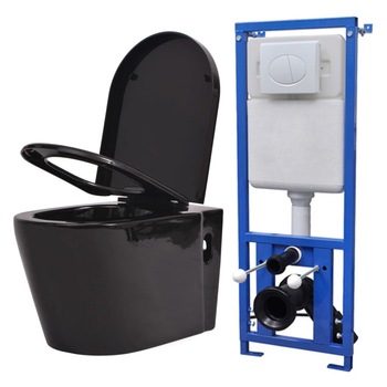Set vas WC cu suport si rezervor, vidaXL, din ceramica, Negru Set vas WC cu suport si rezervor, vidaXL, din ceramica, Negru