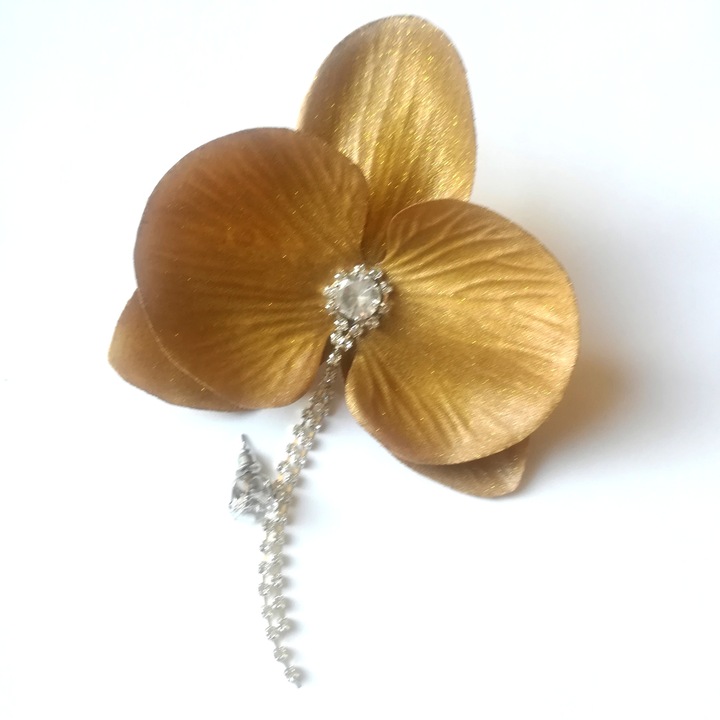 Cercei handmade asimetrici cu orhidee textila, Bronz/Argintiu