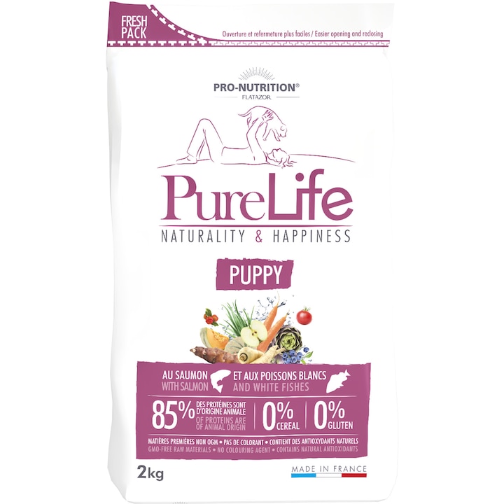 Hrana uscata grain free pentru catei si femele gestante, Flatazor PureLife Puppy, cu somon si peste alb, 2 kg