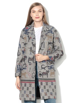 DESIGUAL, Palton cu model etnic Zhu, Gri/Albastru prafuit/Verde feriga, 46 DESIGUAL, Palton cu model etnic Zhu, Gri/Albastru prafuit/Verde feriga, 46