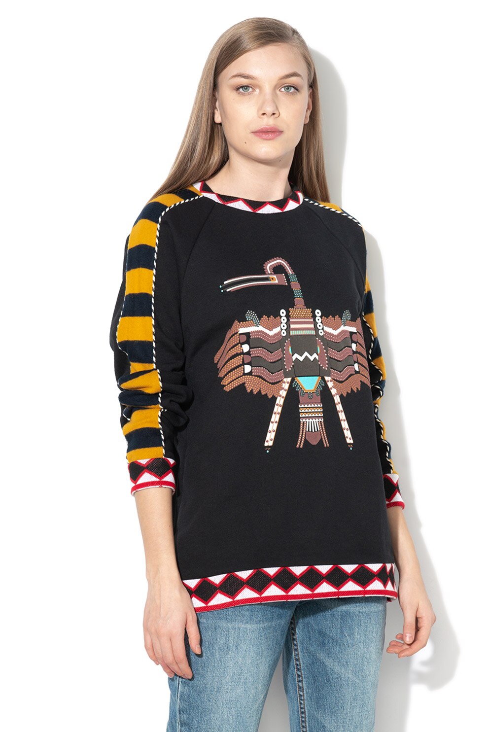 DESIGUAL, Bluza sport lejera cu maneci raglan Nina, Negru/Galben/Maro, S