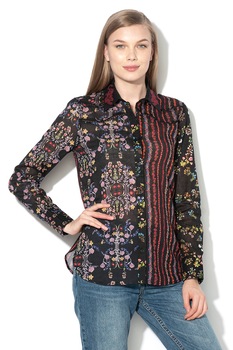 DESIGUAL, Camasa cu model floral si detalii perforate Leila, Negru/Rosu/Roz, XL DESIGUAL, Camasa cu model floral si detalii perforate Leila, Negru/Rosu/Roz, XL