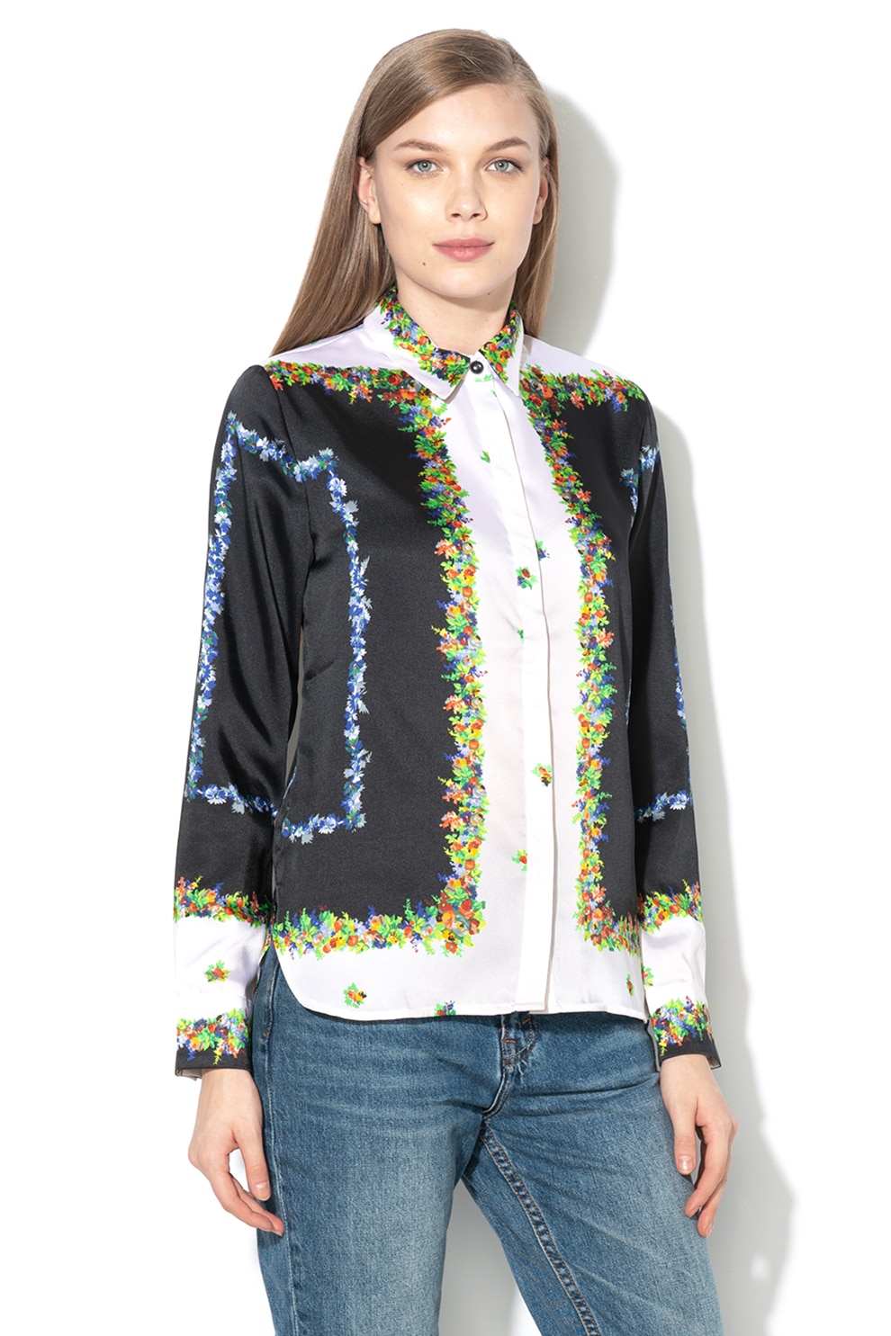 DESIGUAL, Camasa cu model floral Cocci, Negru/Alb prafuit/Verde, M