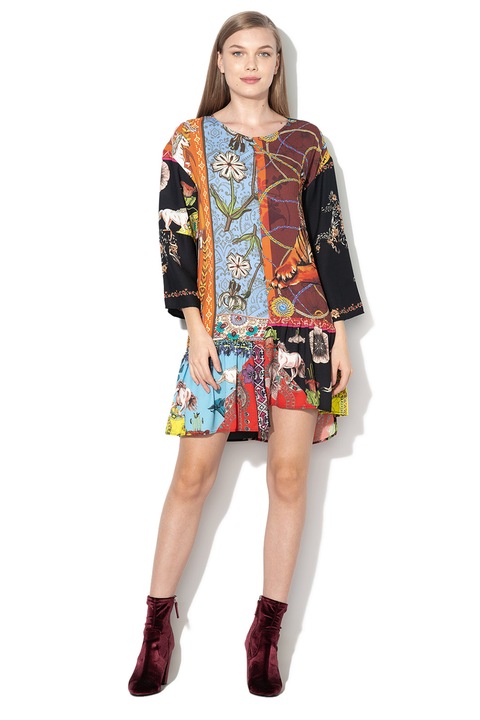 DESIGUAL, Десенирана рокля Yaiza с асиметричен подгъв, Многоцветен, 36