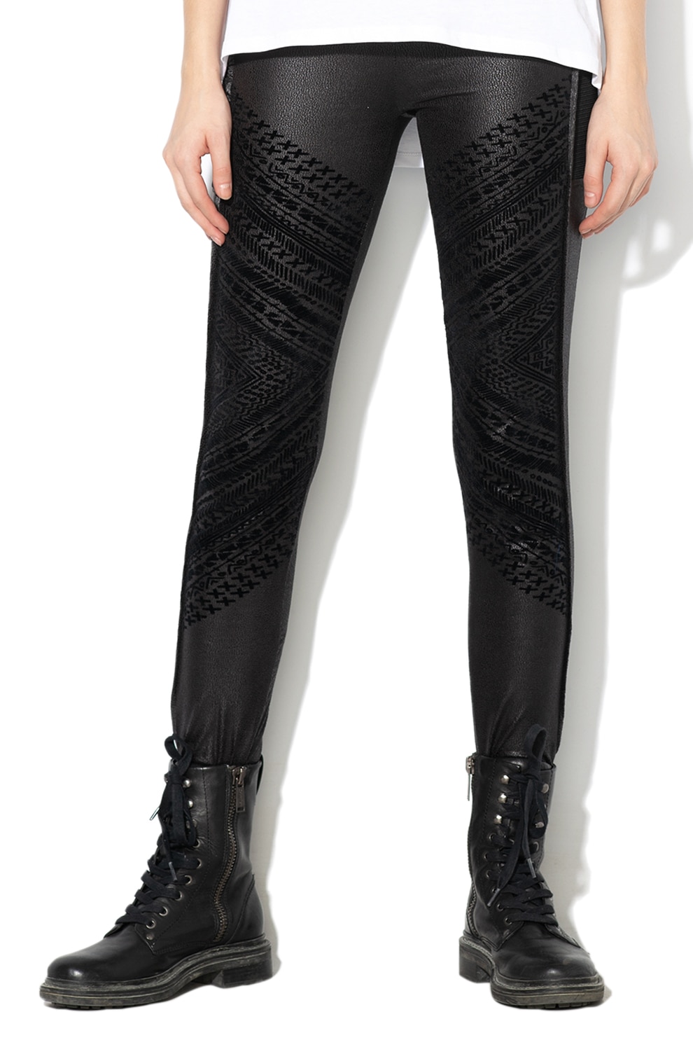 DESIGUAL, Colanti de piele ecologica, cu aplicatii de catifea Gentle, Negru