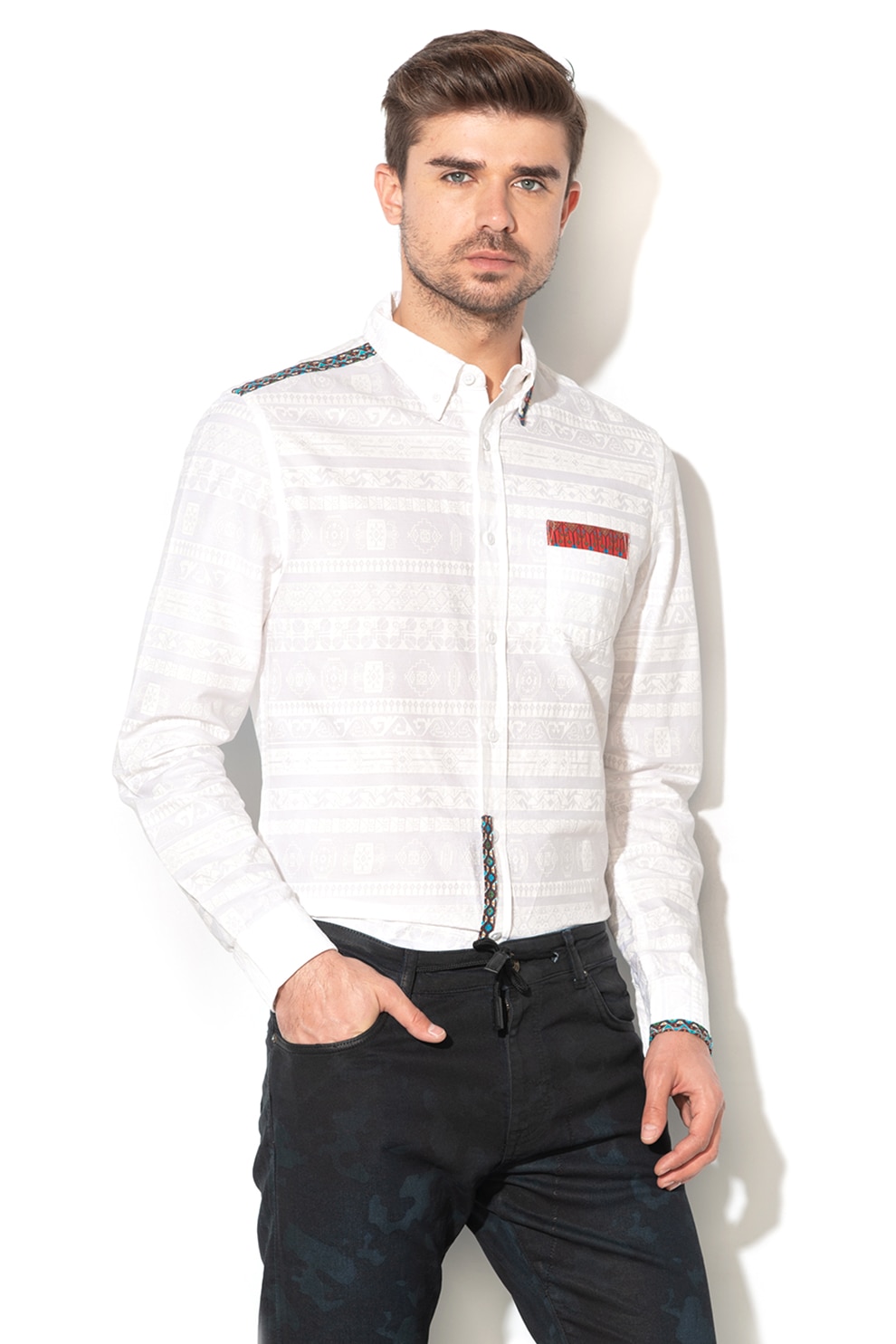 DESIGUAL, Camasa slim fit Alcide S, Alb prafuit/Rosu/Albastru, M