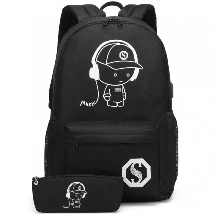 Rucsac scoala KONO E6879 portofel inclus rezistent la apa compatibil 15.6 Negru