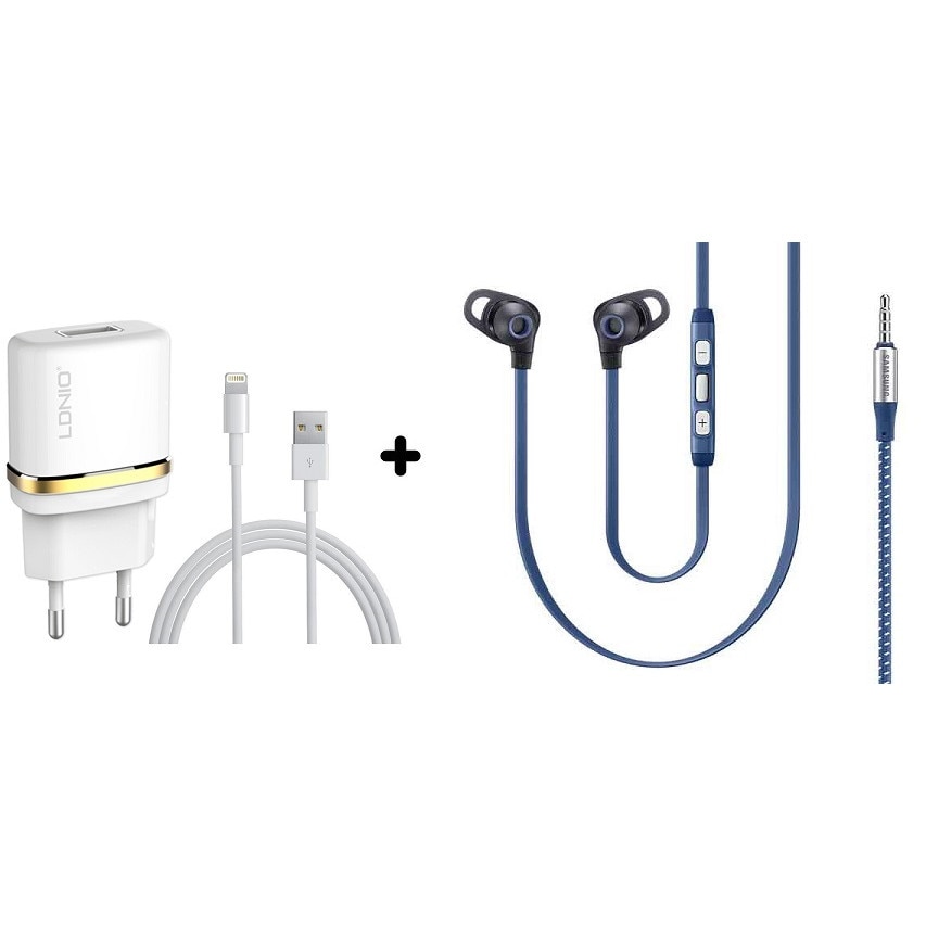 Incarcator retea LDNIO DL-AC50 5V 1A 1xUSB +cablu pentru iPhone 567SE Alb+Casti EO-IA510