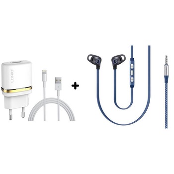 Incarcator retea LDNIO DL-AC50 5V 1A 1xUSB +cablu pentru iPhone 567SE Alb+Casti EO-IA510 Incarcator retea LDNIO DL-AC50 5V 1A 1xUSB +cablu pentru iPhone 567SE Alb+Casti EO-IA510