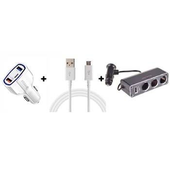 Incarcator Auto Fast Charge 12V/3.5A, 7A, QC3.0, 2 porturi USB, 1 port Type C+Cablu Micro USB+Spliter Incarcator Auto Fast Charge 12V/3.5A, 7A, QC3.0, 2 porturi USB, 1 port Type C+Cablu Micro USB+Spliter