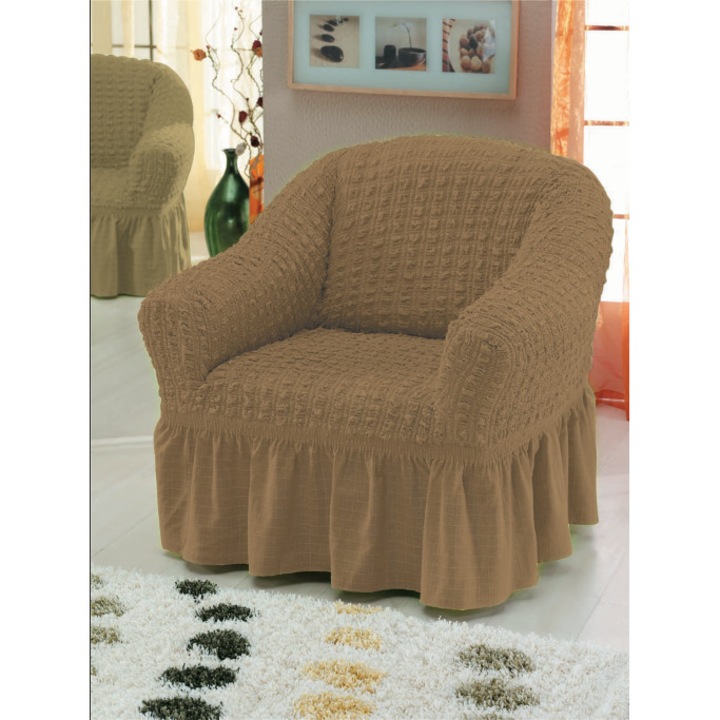 Set 2 huse fotolii din bumbac elasticizat, culoare bej inchis