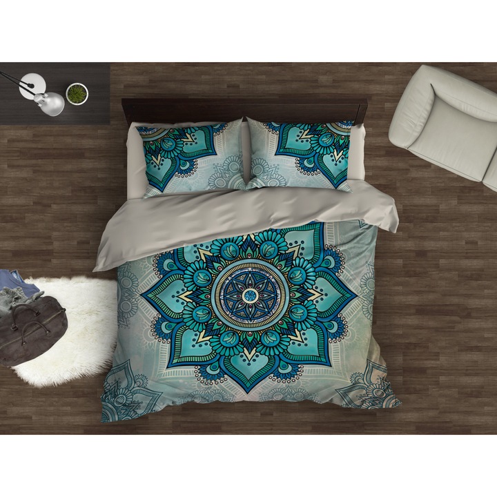 Спален комплект Azzurro Mandala, памучен сатен, 4 части, 200 x 215 см.