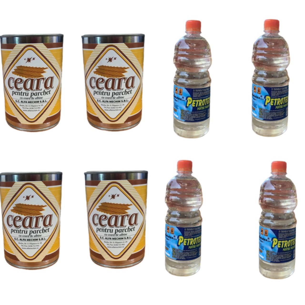 Pachet 4 bucati Ceara parchet incolora, 1kg + 4 bucati Solutie pentru parchet, Petrotex, 900ml