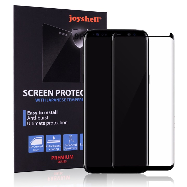Szett: 2 x Samsung Galaxy S9 Plus-szal kompatibilis film, tokkal használható, 3D Joyshell üveg – fekete