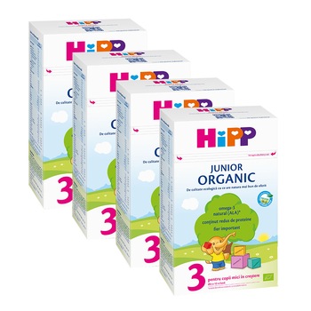 Pachet 4 x Lapte praf Hipp 3 Organic Junior 1+, pentru copii in crestere, 500g Pachet 4 x Lapte praf Hipp 3 Organic Junior 1+, pentru copii in crestere, 500g