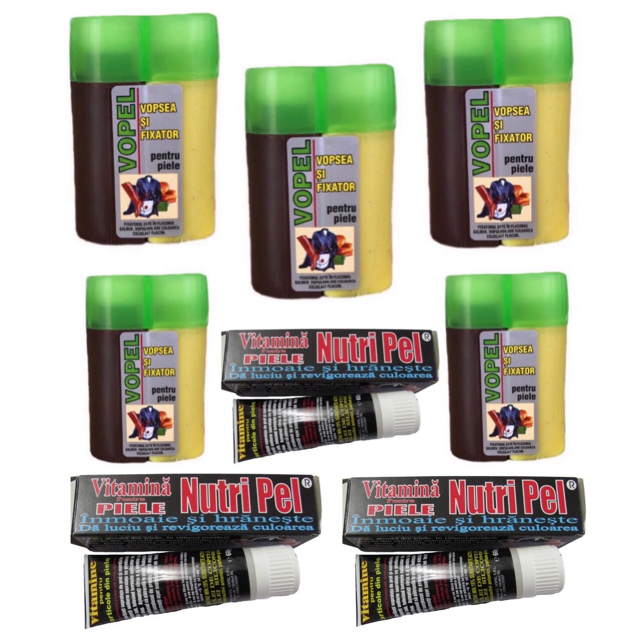 Pachet 5 bucati vopsea Vopel pentru revopsirea articolelor din piele, maro + 3 bucati Vitamina pentru articolele din piele, 60g, Nutri Pel