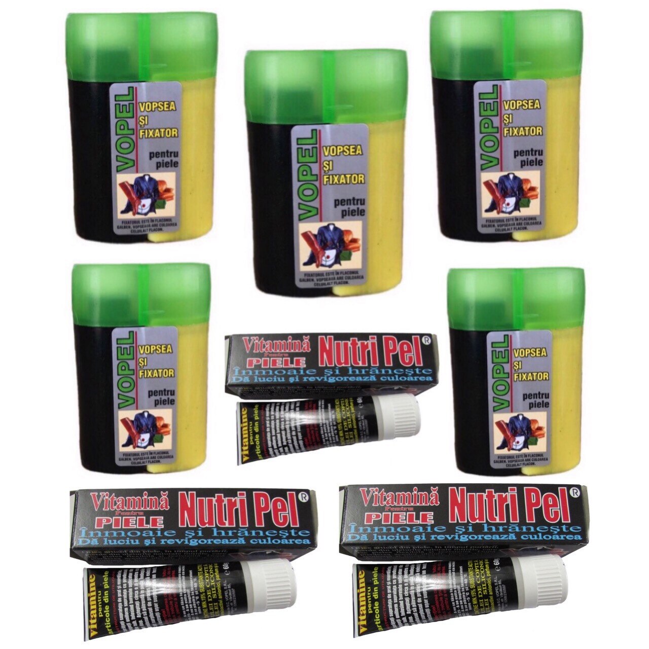 Pachet 5 bucati vopsea Vopel pentru revopsirea articolelor din piele, negru + 3 bucati Vitamina pentru articolele din piele, 60g, Nutri Pel