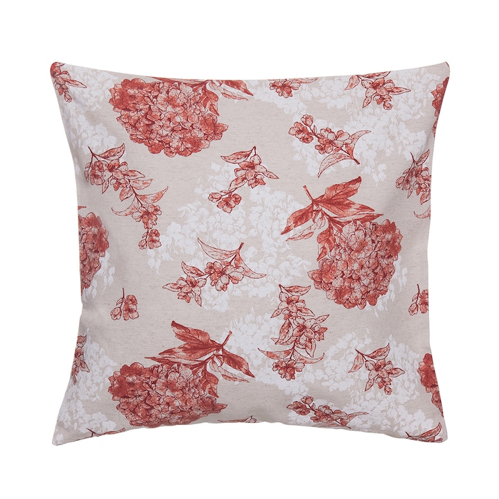Fata de perna decorativa, BonDia, Model Cirene 501, 43 cm x 43 cm, Bumbac, Bej/Caramiziu, Flori