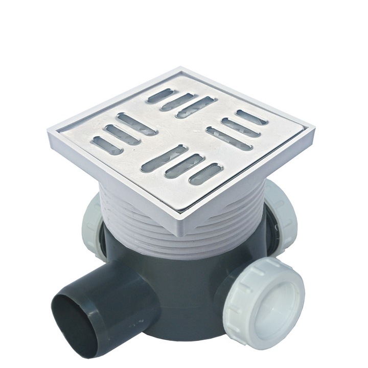 Sifon pardoseala cu 3 intrari de 40 cu piulite si dopuri cu iesire laterala de 50,cu Inaltator 110x110,Gratar Inox