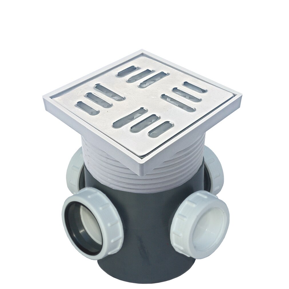 Sifon pardoseala cu 3 intrari de 40,cu piulite si dopuri, cu iesire laterala de 50,cu Inaltator 110x110, Gratar Inox