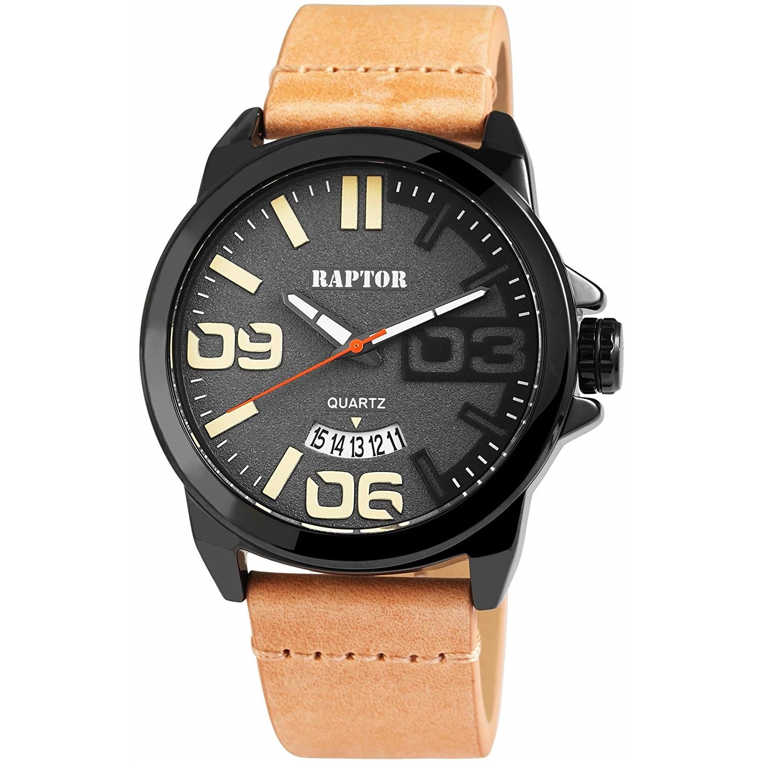 Ceas barbatesc, Raptor, data, carcasa si cadran negru, curea bej