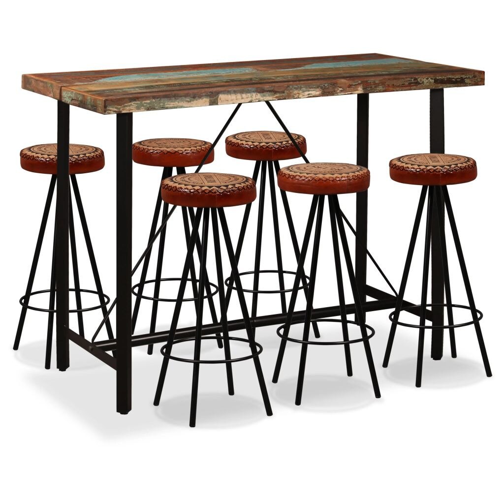 Set mobilier de bar, 7 piese, vidaXL, Lemn masiv reciclat, scaune tapitate cu piele si panza, Maro, 150 x 70 x 107 cm