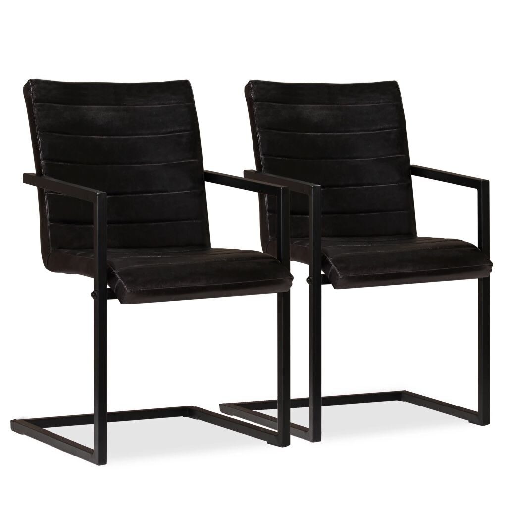 Set de 2 scaune de sufragerie, vidaXL, Piele naturala, Negru, 51 x 56 x 91 cm