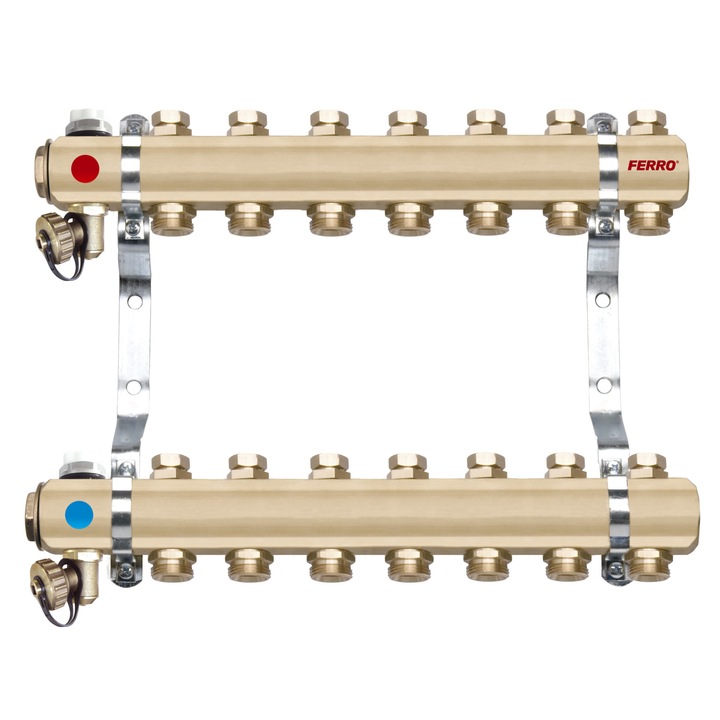 Distribuitor/colector 1" din alama 2 circuite 3/4" cu ventile inchidere si aerisitor