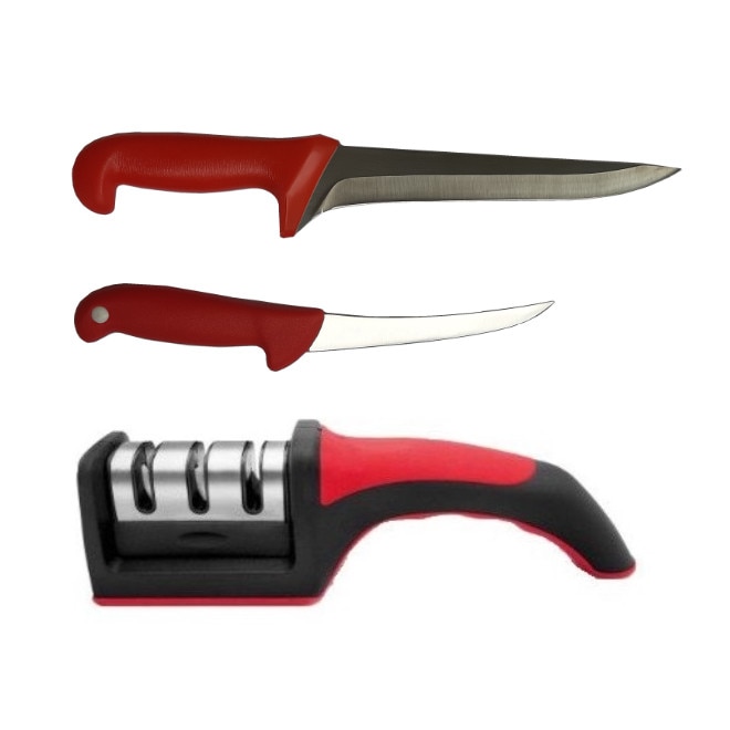 Pachet format din Set 2 cutite profesionale pentru macelarie RED-WS si aparat manual pentru ascutit pe 3 nivele de intensitate