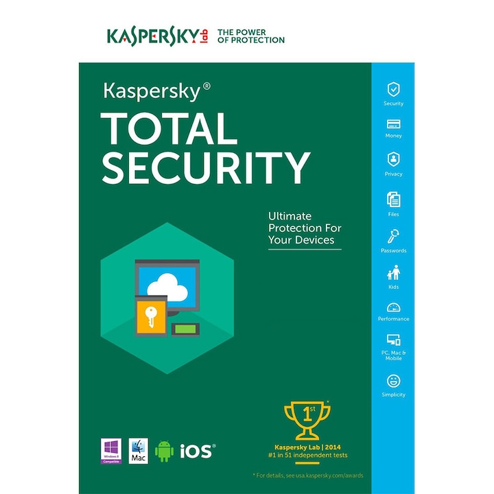 Kaspersky Total Security Vírusirtó, 3 eszköz, 1 év elektronikus licenc