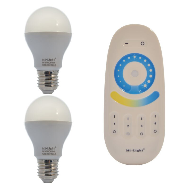 Set 2xBecuri LED Inteligente Mi-Light Alb Variabil 6W E27 + 1xTelecomanda