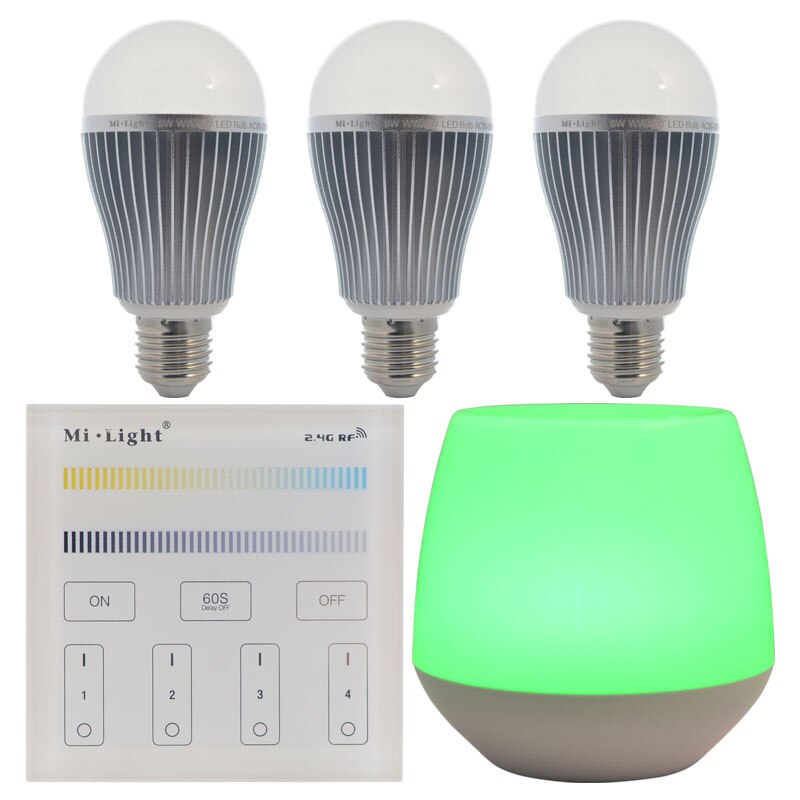 Set 3xBecuri LED Inteligente Mi-Light Alb Variabil 9W E27 + 1xTelecomanda + WiFi Gateway