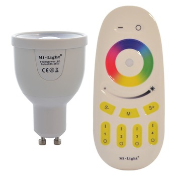 Set 1xBec LED Inteligent Mi-Light RGB+Alb Cald 5W GU10 + 1xTelecomanda Set 1xBec LED Inteligent Mi-Light RGB+Alb Cald 5W GU10 + 1xTelecomanda