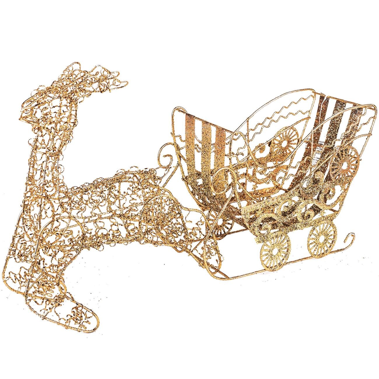 Decoratiune Sanie Mos Craciun cu Ren Auriu, Metalic, cu Sclipici, 40 x 10 x 15 cm