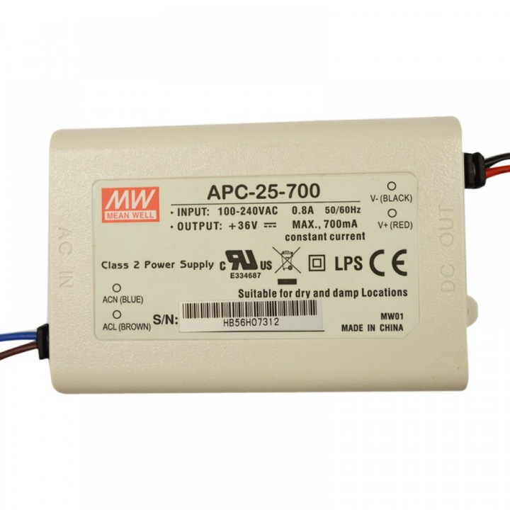 Driver, MEAN WELL, LED, 25W, 11-36V, 700mA, IP30